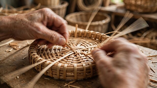 Closeup of elderly artisan hands skillfully weaving a traditional wicker basket on a wooden table, featuring dynamic motion blur on the active hand to emphasize the rural crafting process