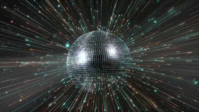 Sparkling disco ball surrounded by radiant light streaks and glowing particle explosions for dynamic nightlife event backgrounds