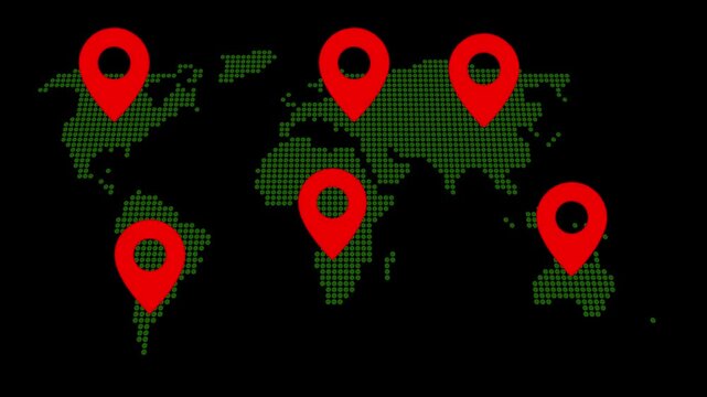 Global Investment Opportunities: Dollar Signs Mark Profitable Locations on World Map. A simplified green world map displays three red location markers, each with a gold dollar sign.