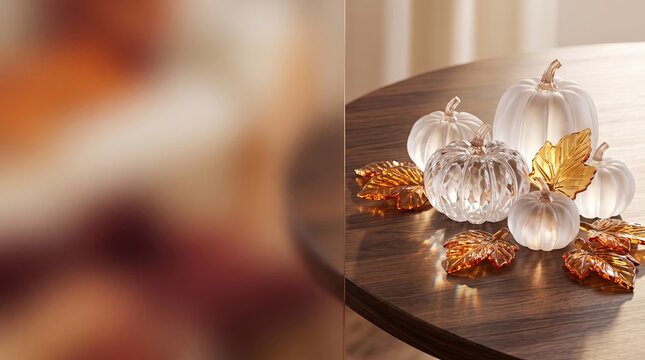 A beautiful happy thanksgiving day banner featuring decorative pumpkins and autumn leaves on a rustic wooden table surface background