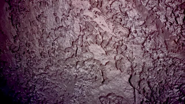 Close-up of a rough, textured surface with an abstract, organic pattern in shades of brown and purple. The texture appears rocky or mineral-like, with irregular shapes and a dark, somber hue