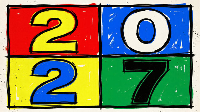 Boldly colored numerals two zero two seven are arranged within a grid of rectangular backgrounds digits numbers year date calendar twenty twenty seven