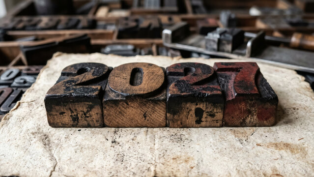 Vintage wooden letterpress numbers spelling two thousand twenty seven rest amongst antique printing blocks typography twothousandtwentyseven 2027 wood type typesetting historic