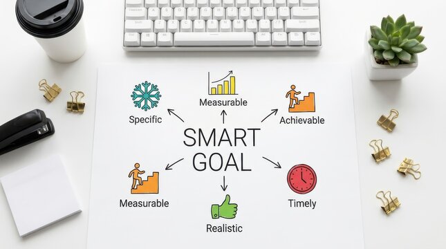White paper with smart goal diagram, including specific, measurable, achievable, realistic, and timely elements.