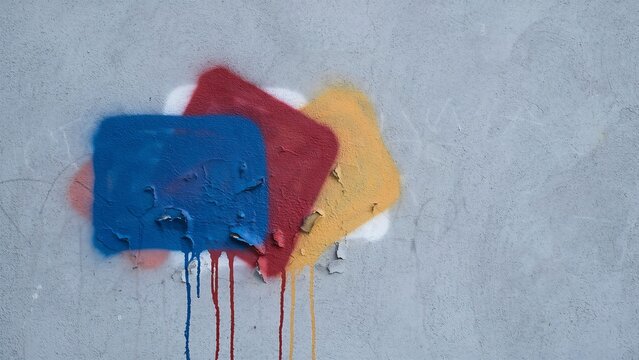 Three overlapping square shapes in blue, red, and yellow spray paint with paint drips on a textured light grey concrete wall surface background.