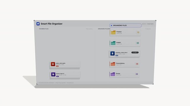 A premium realistic 3D desktop UI diorama showing an AI smart file organizer automatically classifying and sorting incoming files into category folders with smooth physical motion.