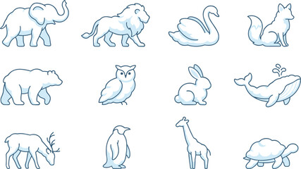 Obraz premium Winter Animal Snow Sculpture Icon Set Featuring Elephant, Lion, Swan, Polar Bear, Owl, Penguin, and Whale for Arctic Wildlife Graphic Designs