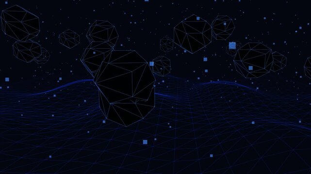 Mysterious brushed titanium 12-sided dodecahedron relics hovering and breathing above an obsidian mirror lake, glowing with intricate blue circuit engravings. 4K 60fps loop for AI and future technolog