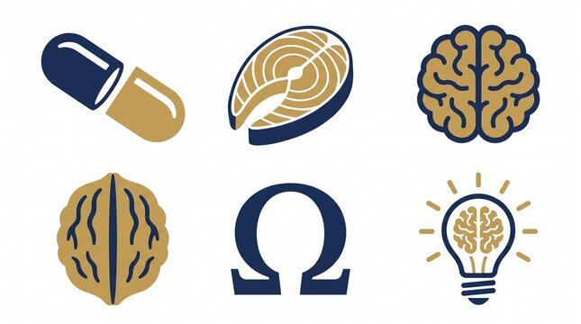Omega 3 Brain Health Nutrition Flat Vector Icon Set
