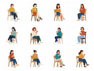 Fototapeta premium Young Women Sitting On Chairs Drinking Hot Coffee Or Tea Set