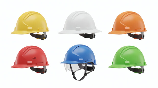 Set of multi-colored safety helmets and construction hard hats isolated on white background