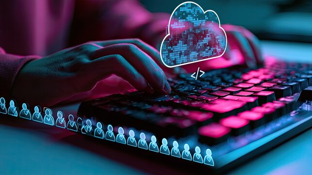 Hands typing on glowing keyboard with digital cloud and people icons