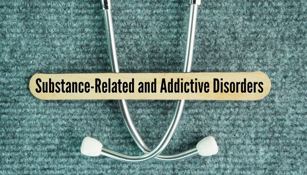 Stethoscope and stick with the words Substance-Related and Addictive Disorders. mental conditions involving the harmful use of legal or illegal substances and specific compulsive behaviors