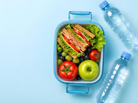 Top view image featuring lunch box with sandwiches, fruits and vegetables, water bottle on pastel blue isolated background, with copy-space