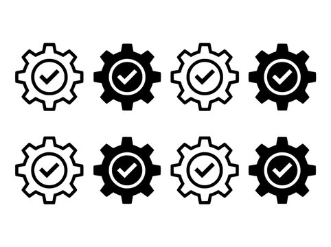 Industrial gear icons with checkmarks, 8 vector settings symbols. Quality control cogwheel set, technical maintenance and process completion signs.