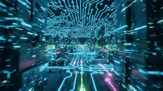 Futuristic digital city with blue glowing circuit board patterns
