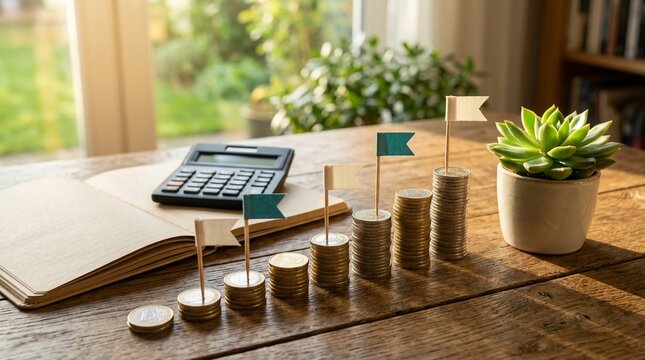 Rising stacks of coins with flags representing financial growth and investment milestones on a wooden table with a calculator
