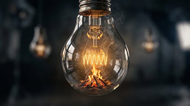 Conceptual glowing light bulb featuring a crackling miniature bonfire inside representing creative ignition and brilliant innovative ideas