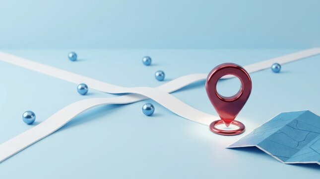 Navigation map pin icon with white roads and blue spheres on soft light blue background representing location search.