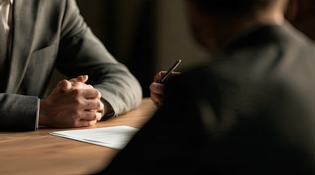 Two individuals in formal attire at a table with documents and a pen