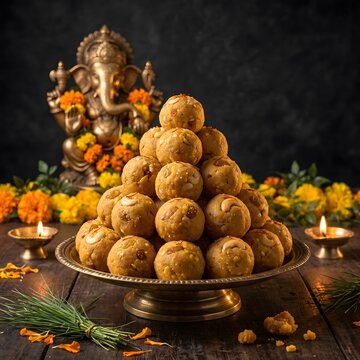 Traditional Indian festive setup for Vinayaka Chavithi featuring a tall stack of delicious besan laddus offered as holy prasadam before a Lord Ganesha statue.