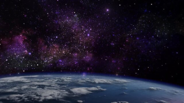 Earth planet globe rotating slowly against deep space background with vibrant purple nebula and sparkling star field.