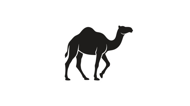 Minimalist black silhouette of a walking dromedary camel isolated on a white background