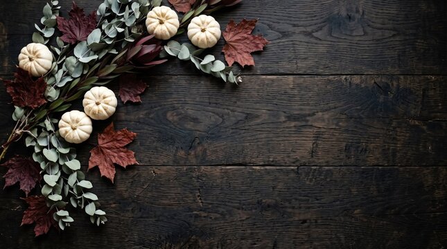 A rustic dark wooden background featuring a beautiful happy thanksgiving day banner arrangement with small white pumpkins and autumn leaves