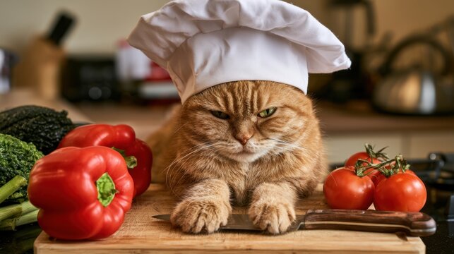 Grumpy orange cat wearing white chef hat sitting on wooden cutting board with fresh red bell pepper and ripe tomatoes