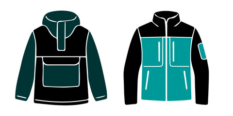Technical outdoor jackets set featuring a hooded pullover and a zippered fleece jacket for winter sports © Tania