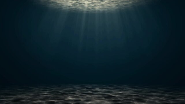 Gloomy murky dark abyss underwater scenery with subtle light rays beaming through a scary cloudy water surface casting shadows on the deep ocean floor.