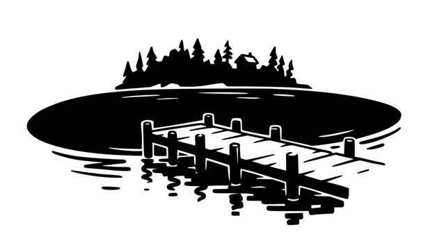 Bold black and white wooden jetty vector illustration with calm lake and island silhouette doodle