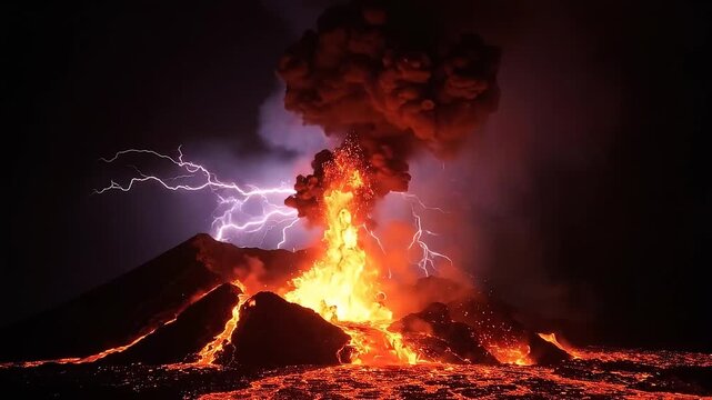 Volcanic Eruption with Intense Lightning Storm at Night.