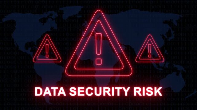 Cybersecurity data security risk warning alert featuring glowing red neon warning triangles and digital binary code background, for global network, protection, internet privacy, breach, and it