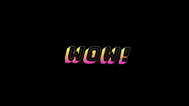 Comic text reading WOW! features a vibrant pink and yellow gradient effect with dynamic shadow on a solid black background, ideal for expressive pop art designs and creative overlays.