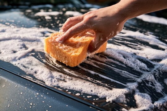 Hand with sponge washes soapy car hood, creating suds and shine