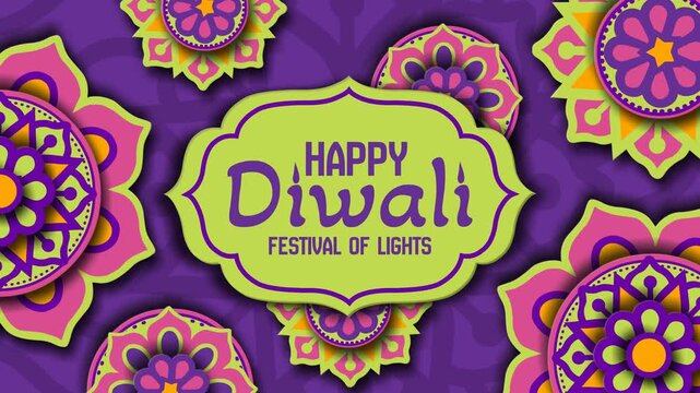 4K paper-cut Diwali animated video with central lime green badge featuring 'Happy Diwali' text, surrounded by layered floral mandalas on purple background. Ideal for event screens and video promos.