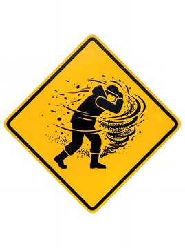 Yellow diamond warning sign depicting a person struggling in an extreme wind storm or tornado
