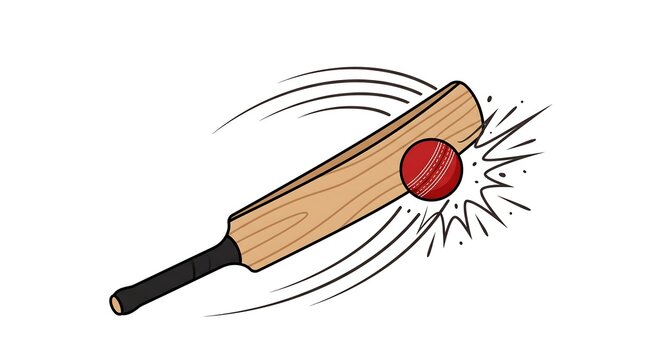 Cricket bat hitting a red leather ball with motion lines on a white background