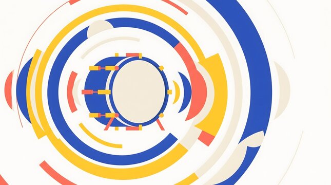 Minimalist geometric acoustic drum built from circles, rectangles and curved shapes, surrounded by dynamic sound waves in cobalt blue, yellow and contrasting colors. Generative AI artwork.