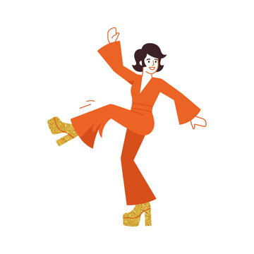Retro Disco Dancer Character Wearing Orange Seventies Fashion Jumpsuit and Gold Platform Shoes Performing a Funky Dance Move