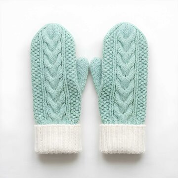 Light blue cable knit winter mittens with white ribbed cuffs isolated on white background for seasonal fashion