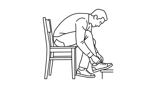 Man sitting on a chair tying his shoelaces in a simple black and white line drawing