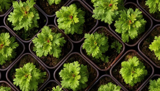 Overhead view of many small, green potted plants with red centers