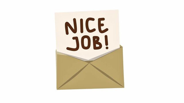 2D animation of a brown envelope opening to reveal a card with the text 'NICE JOB!' on a white background.