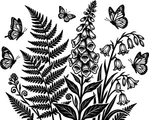 Fototapeta premium Black and white botanical illustration of butterflies and wild flowers on transparent background