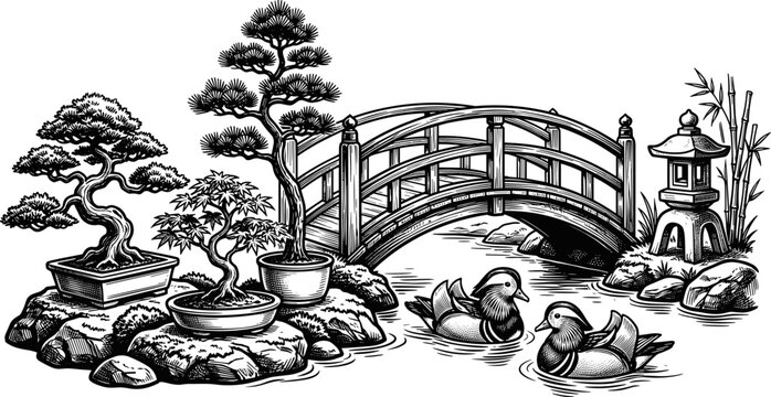 Japanese Zen Garden Vector Illustration with Bonsai, Bridge and Ducks Isolated on Transparent Background