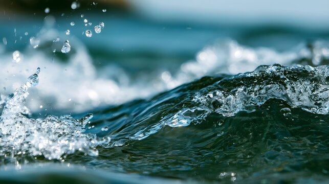 Dynamic close up of ocean waves crashing with sparkling droplets and deep blue green water textures
