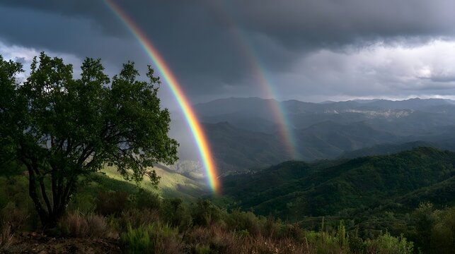 A vivid double rainbow arcs gracefully over a lush green valley under a dramatic stormy sky with dark clouds