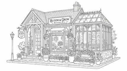 Obraz premium Vintage florist and garden boutique facade coloring book illustration